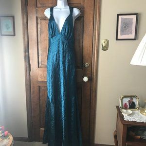 Vintage Bari Jay Turquoise Crinkled Halter Maxi Dress w/Crisscross Back 11-12